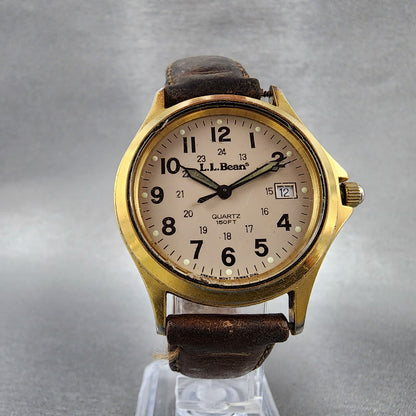 LL Bean Field Watch Men 34mm Gray Dial Gold Tone Date Round New Battery A12 VTG6