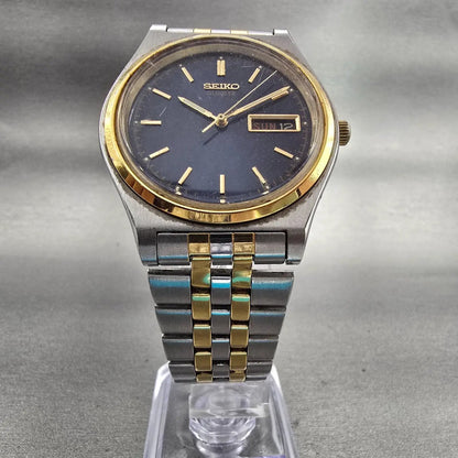 Seiko Watch Men 37mm Blue Dial Two Tone Daydate Round V743-8A20 New Battery VTG5