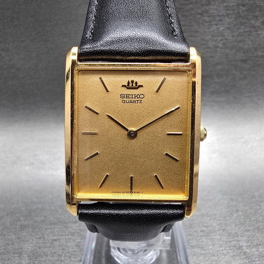 Seiko Tank Watch Men 25mm Gold Dial Gold Rectangle 5Y30-5060 New Battery JP VTG0