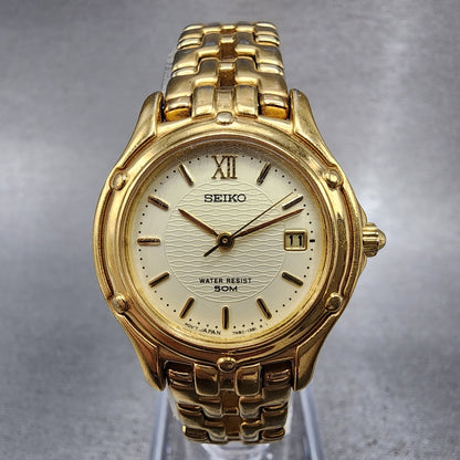 Seiko Watch Women 26mm Champagne Dial Gold Tone Date Round 7n820599 New Battery0