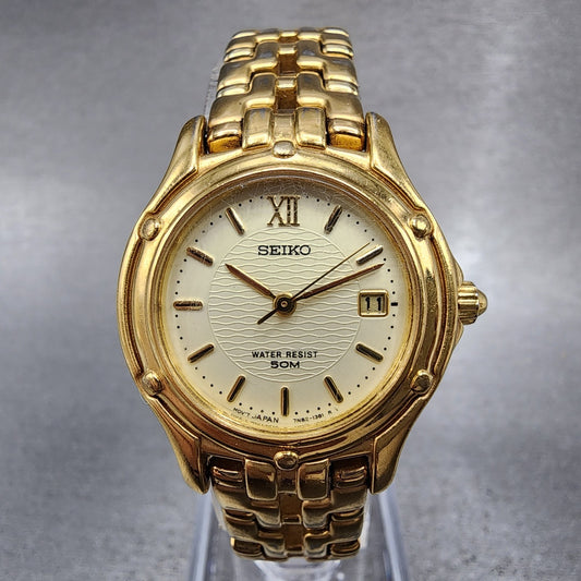 Seiko Watch Women 26mm Champagne Dial Gold Tone Date Round 7n820599 New Battery0