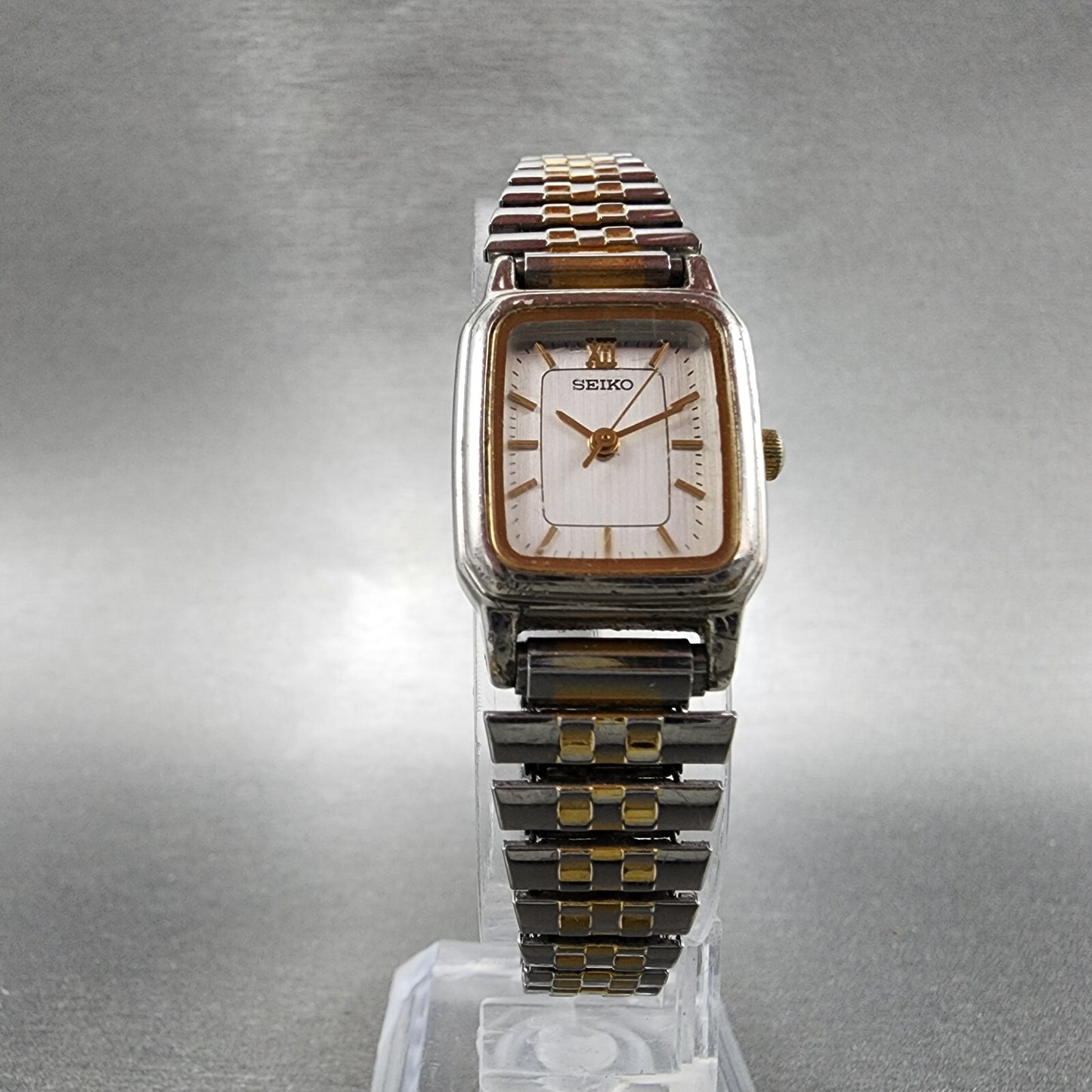 VTG Seiko Tank Watch Women 18mm White Dial Two Tone Rectangle V4015720 New Batt5
