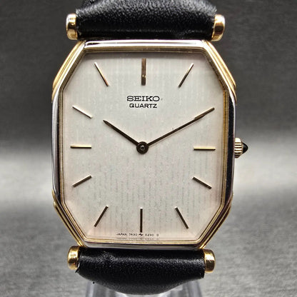Seiko Watch Men 26mm White Dial Gold Tone Octagon 7430-5130 New Battery Dress1
