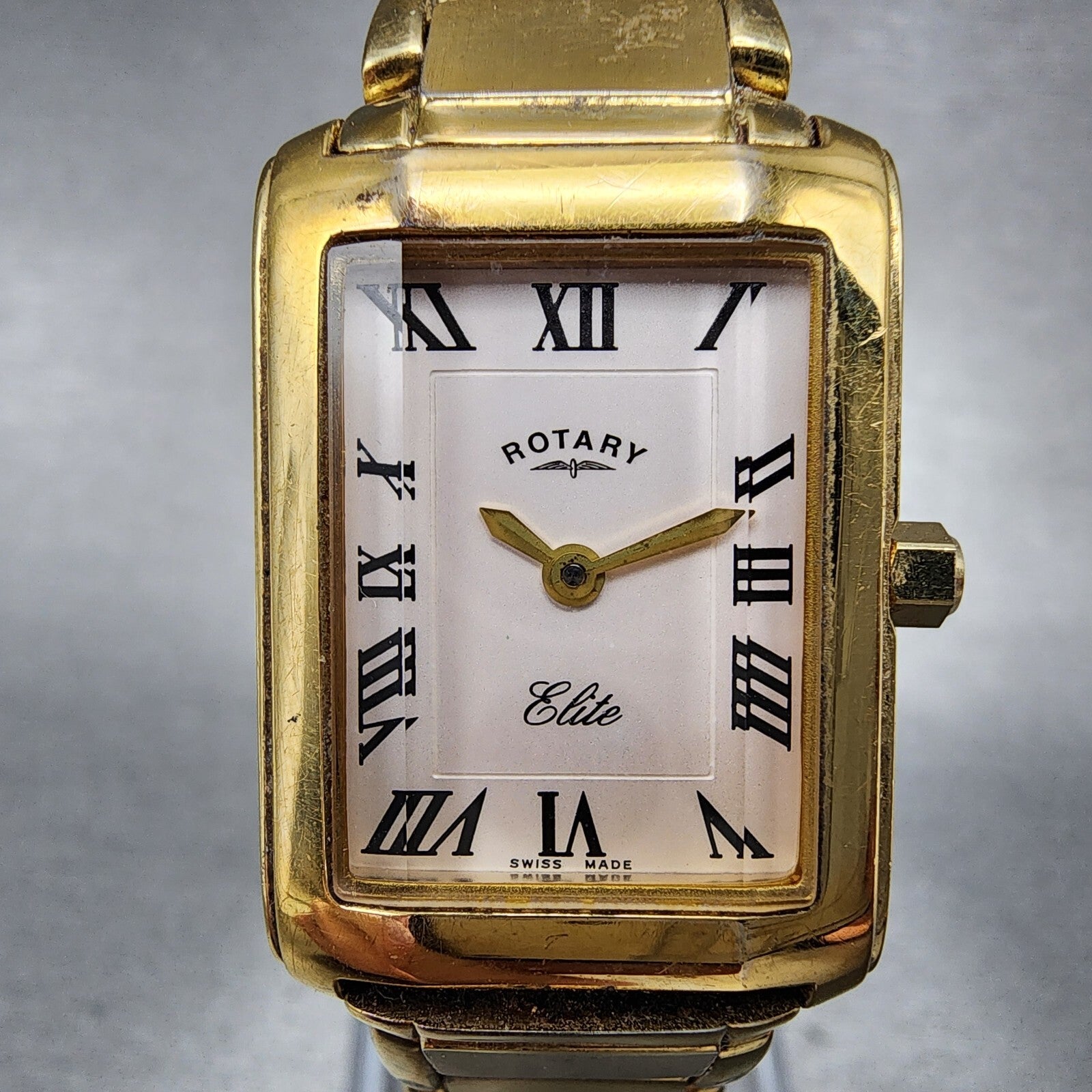 Rotary Elite Tank Watch Women 20mm White Dial Gold Tone Rectangle New Battery1