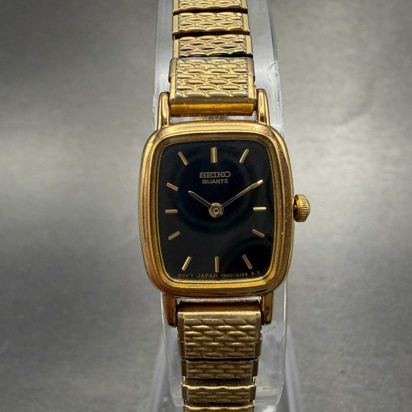 Seiko Watch Women 17mm Black Dial Gold Tone Rectangle 1N00-5K29 New Battery VTG0