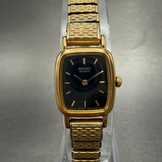Seiko Watch Women 17mm Black Dial Gold Tone Rectangle 1N00-5K29 New Battery VTG0