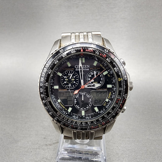 Citizen EcoDrive Watch Men 42mm Black Dial Titanium Analog Digital C650 READ!!!0