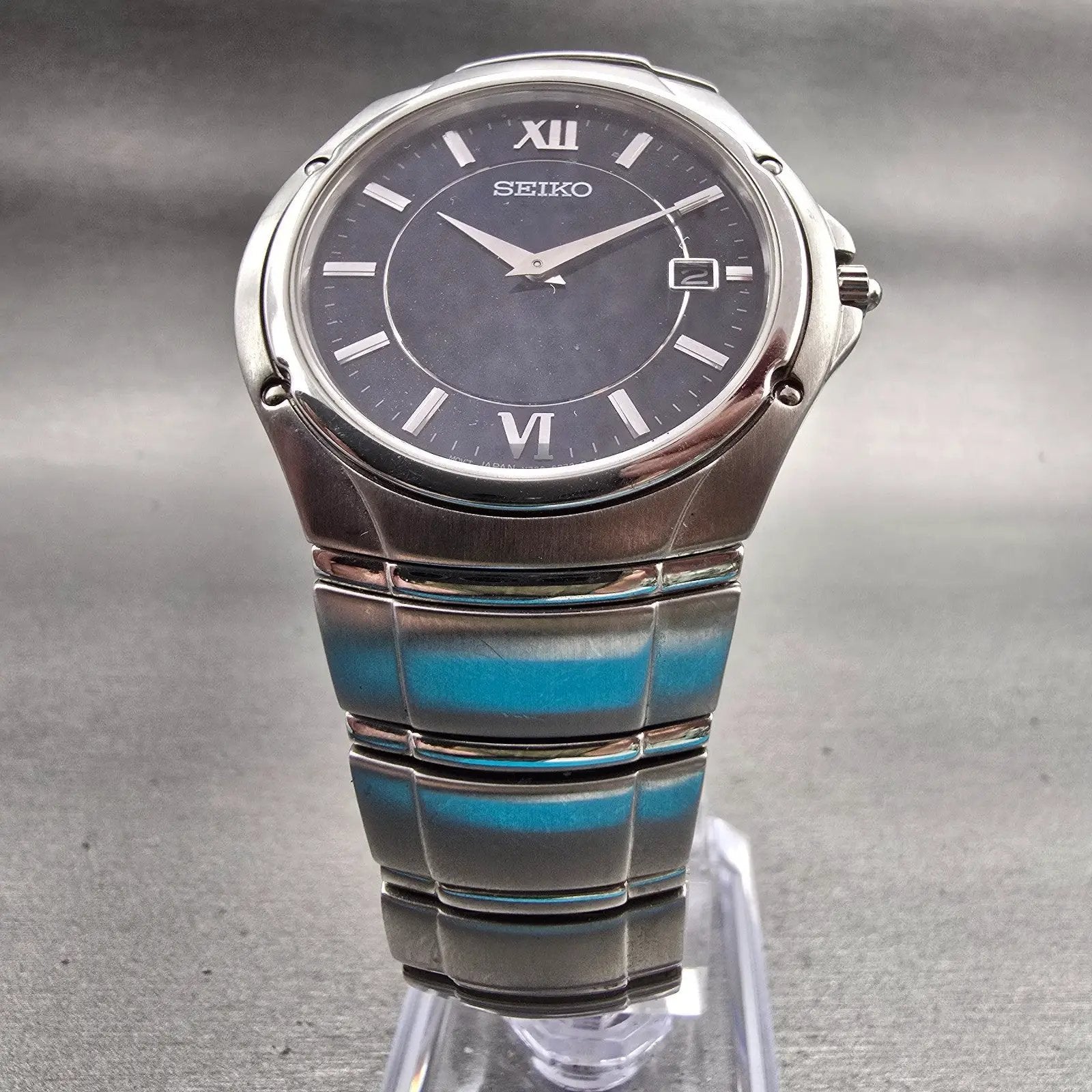 Seiko Watch Men 35mm Blue Dial Silver Tone Date Round V739-0B30 New Battery5