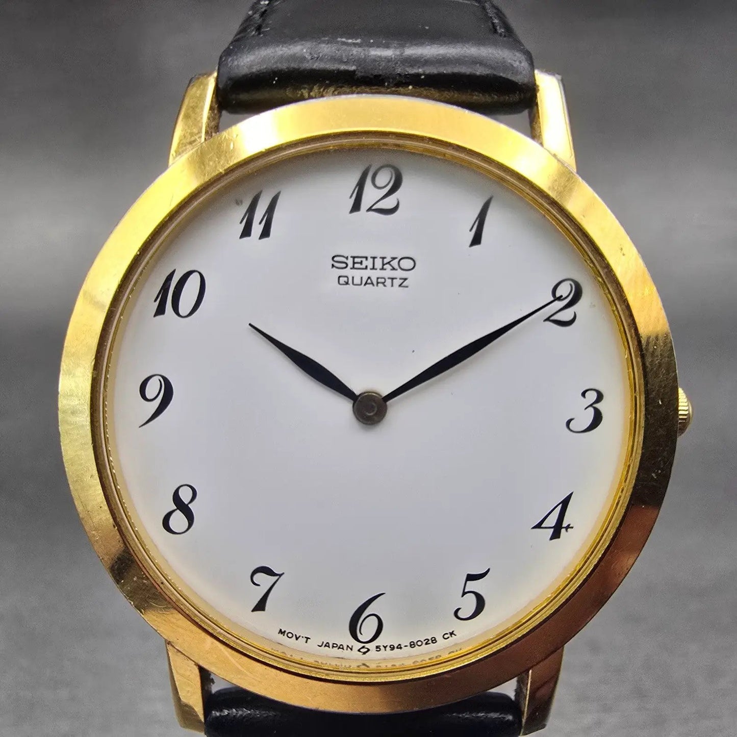 Seiko Watch Men 34mm White Dial Gold Tone Round 5Y94-8009 New Battery Vintage1