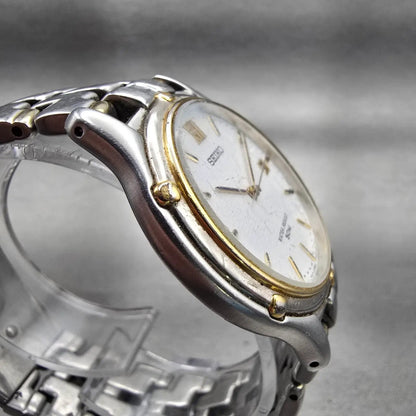 Seiko Watch Men 35mm White Dial Two Tone Date Round 7N32-0049 New Battery VTG3