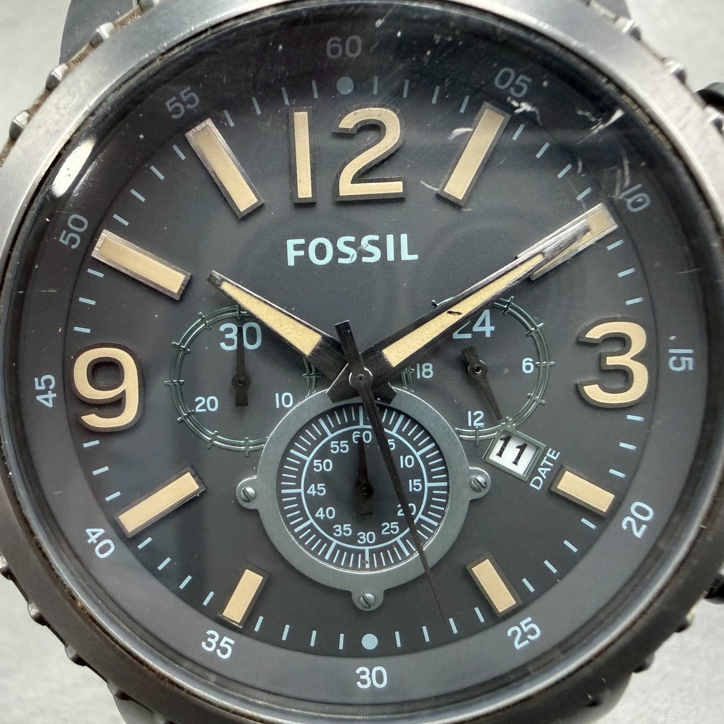 Fossil Chronograph Watch Men 50mm Gray Dial Gray Tone Date BQ2113 New Battery1
