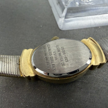 Elgin Watch Women 16mm Champagne Dial Gold Tone Oval Diamond Quartz New Batt ABC9