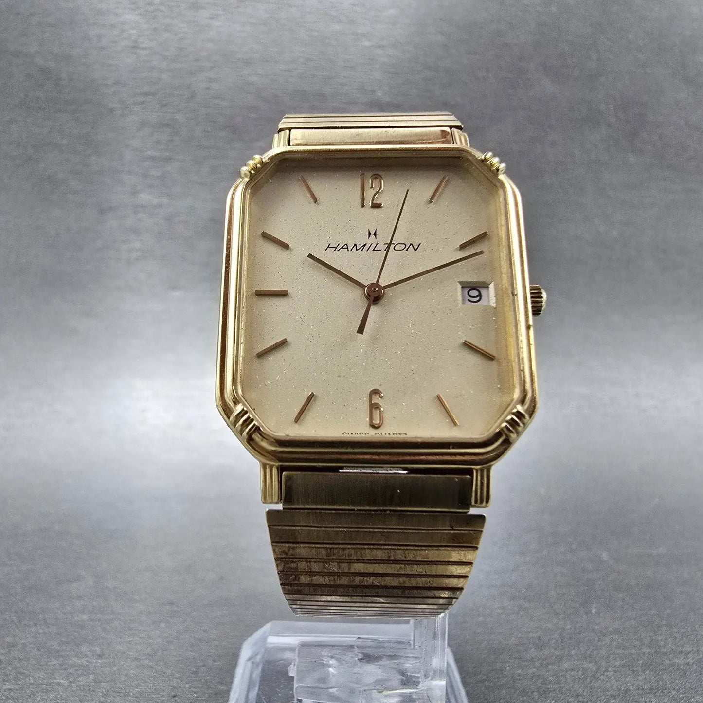 Hamilton Watch Men 28mm Gold Dial Gold Tone Date Rectangle 8000 New Battery5