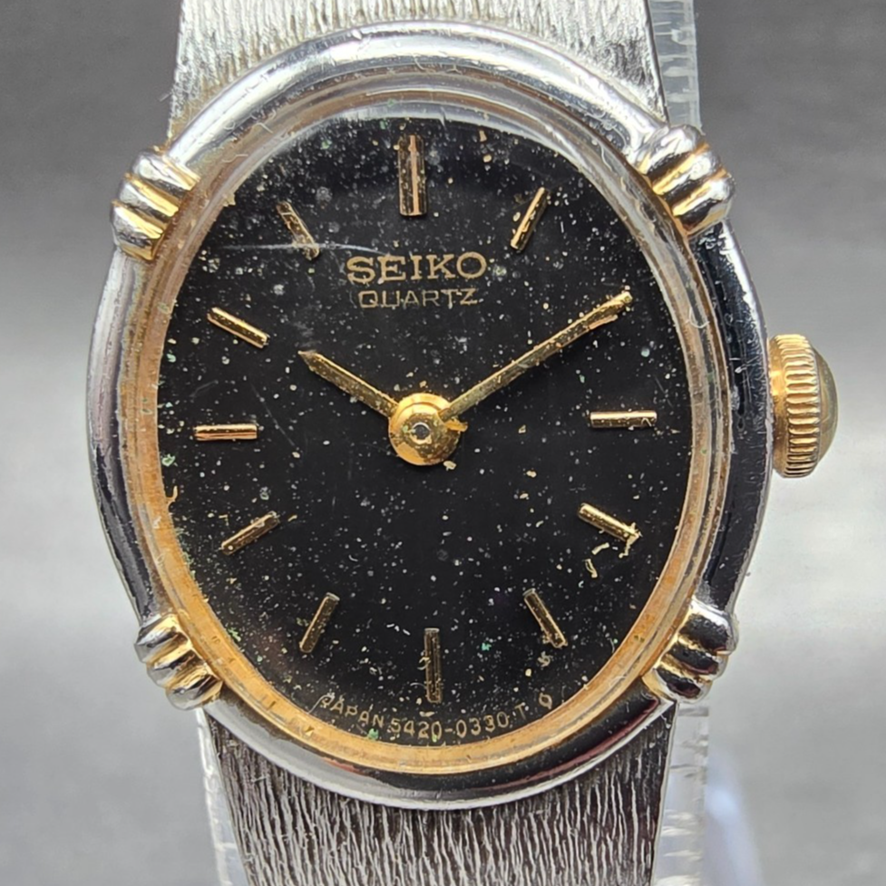 Seiko Watch Women 17mm Black Dial Two Tone Oval 5420-5159 New Battery Vintage1