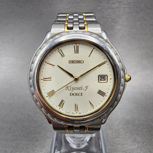Seiko Dolce Watch Men 35mm  White Dial Two Tone Round Date 5e32-6b00 New Battery