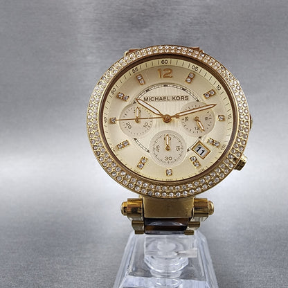 Michael Kors Parker Watch Women 39mm Champagne Dial Gold Tone Date New Battery