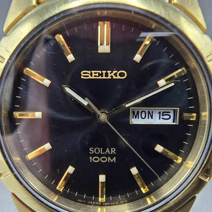 Seiko Solar Watch Men 39mm Black Dial Gold Tone Daydate Round V158-0AD0 Runs JP91