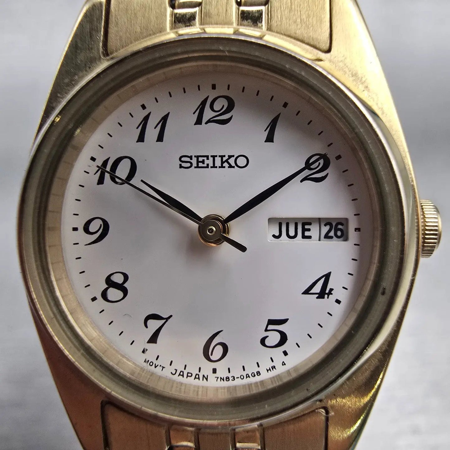 Seiko Watch Women 23mm White Dial Gold Tone Daydate Round 7N83-0011 New Battery1