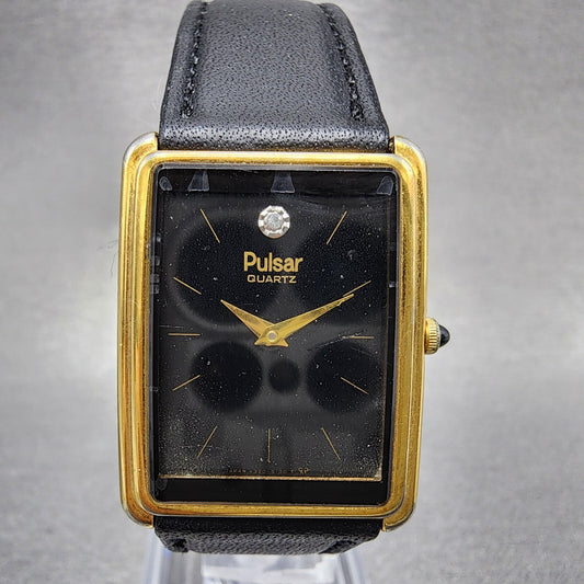 Pulsar Tank Watch Men 24mm Black Dial Gold Tone Rectangle V320-5059 New Batt