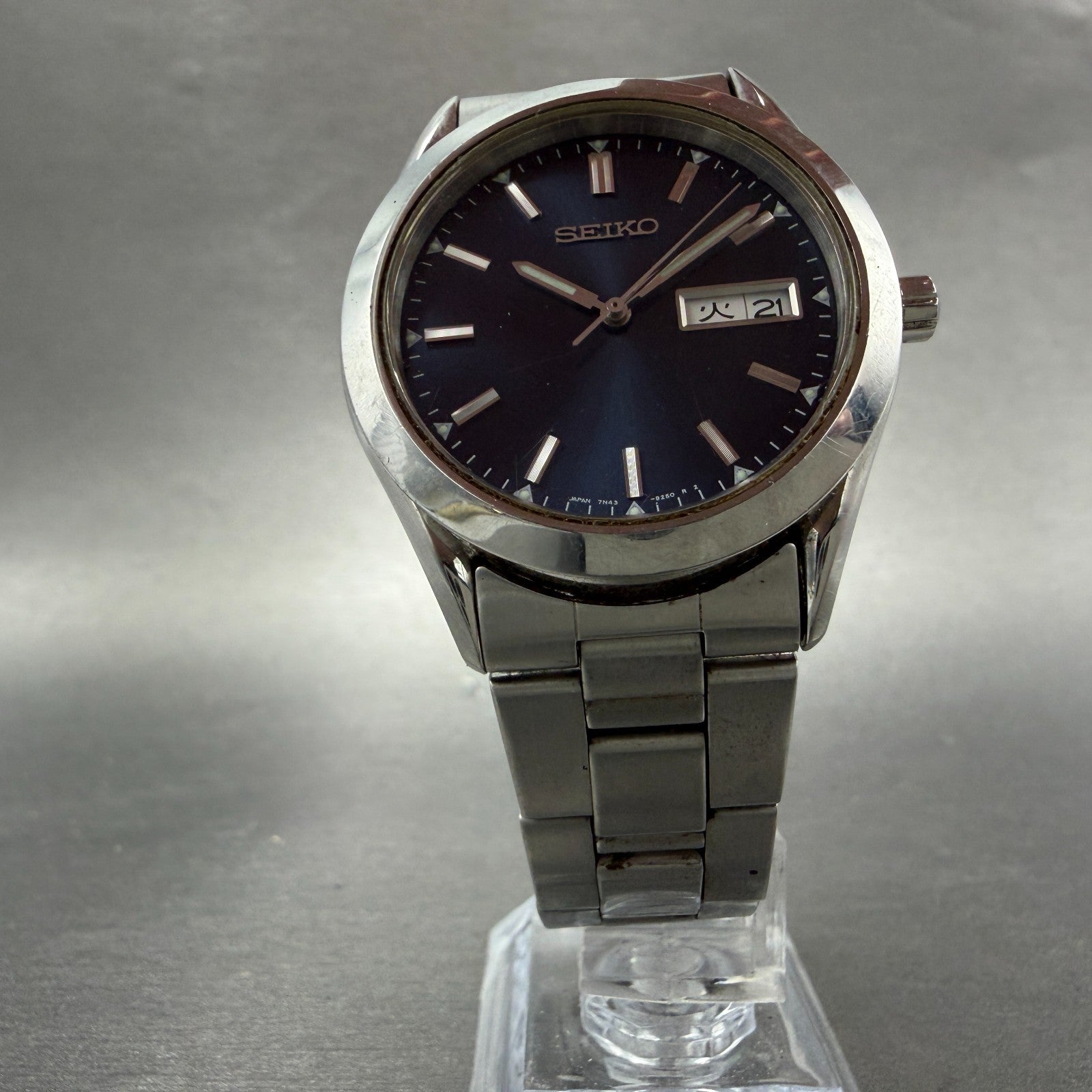 Seiko Watch Men 37mm Blue Dial Silver Tone Daydate Round 7N43-9080 PARTS6