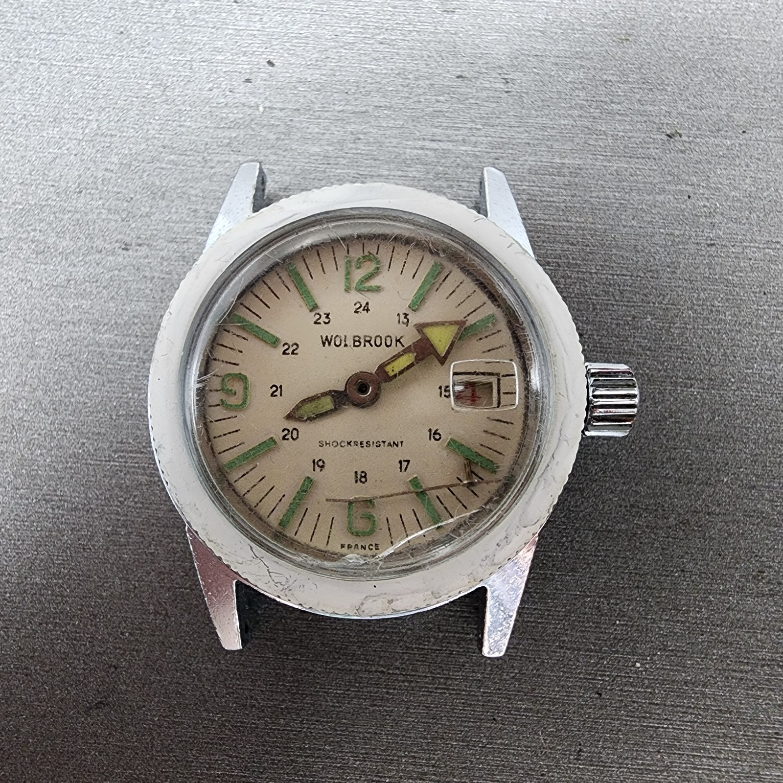 Wolbrook Dive Watch Women 32mm White Dial Silver Tone Date Manual Wind PARTS0