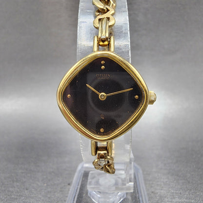 Citizen CQ Watch Women 23mm Black Dial Gold Tone Square 4832256 New Battery0