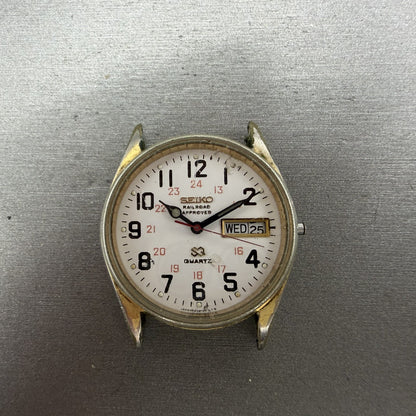 Seiko SQ Railroad Approved Watch Men 34mm White Dial Gold Tone Daydate VTG PARTS0