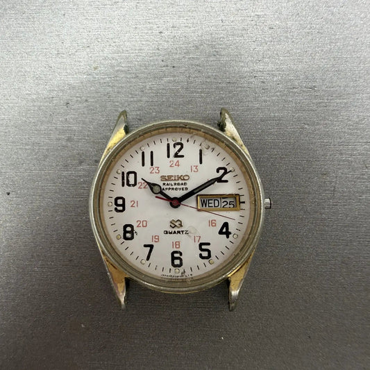 Seiko SQ Railroad Approved Watch Men 34mm White Dial Gold Tone Daydate VTG PARTS0