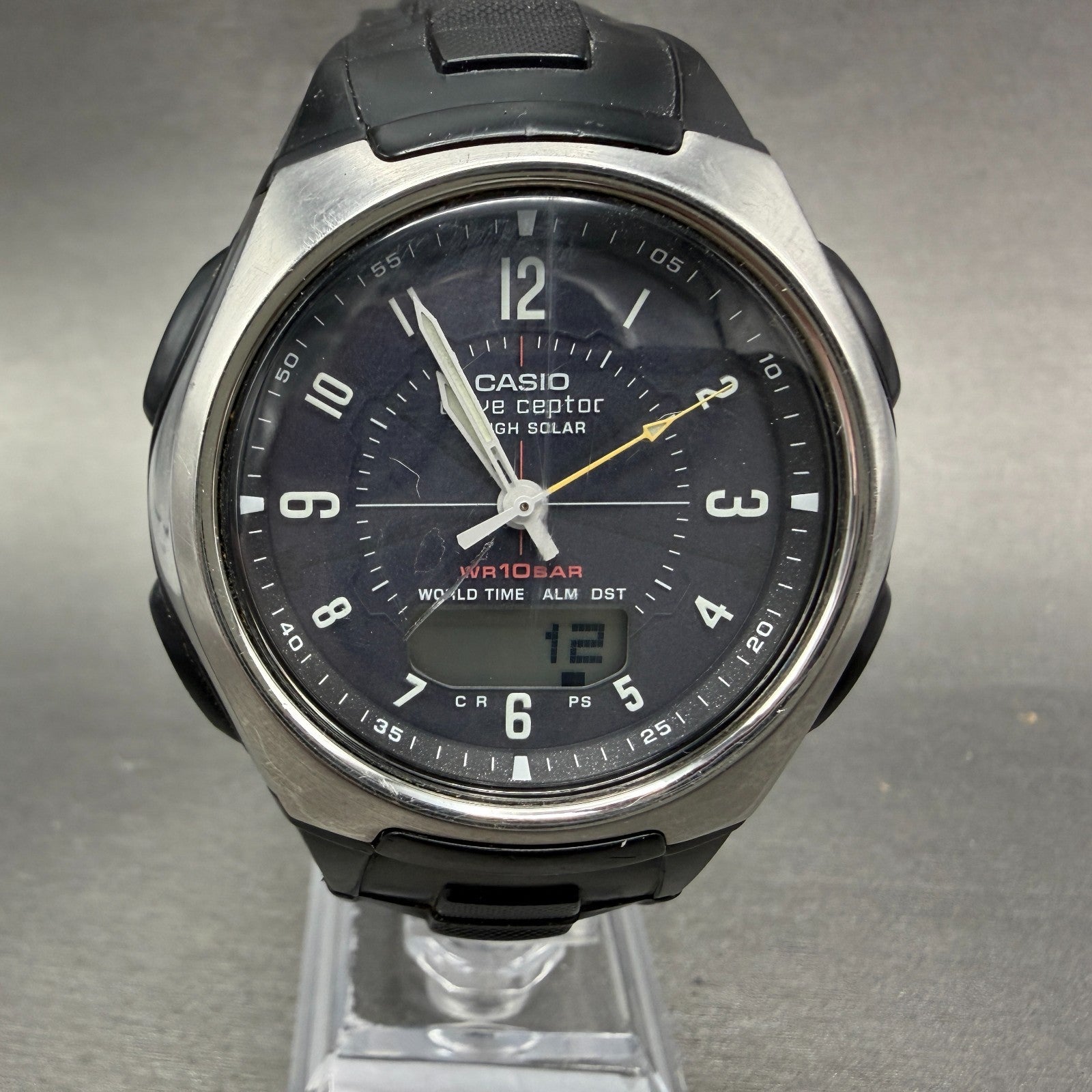 Casio Wave Ceptor Watch Men 43mm Black Dial Silver Tone Analog Digital  Solar KL0