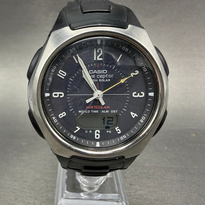 Casio Wave Ceptor Watch Men 43mm Black Dial Silver Tone Analog Digital  Solar KL0