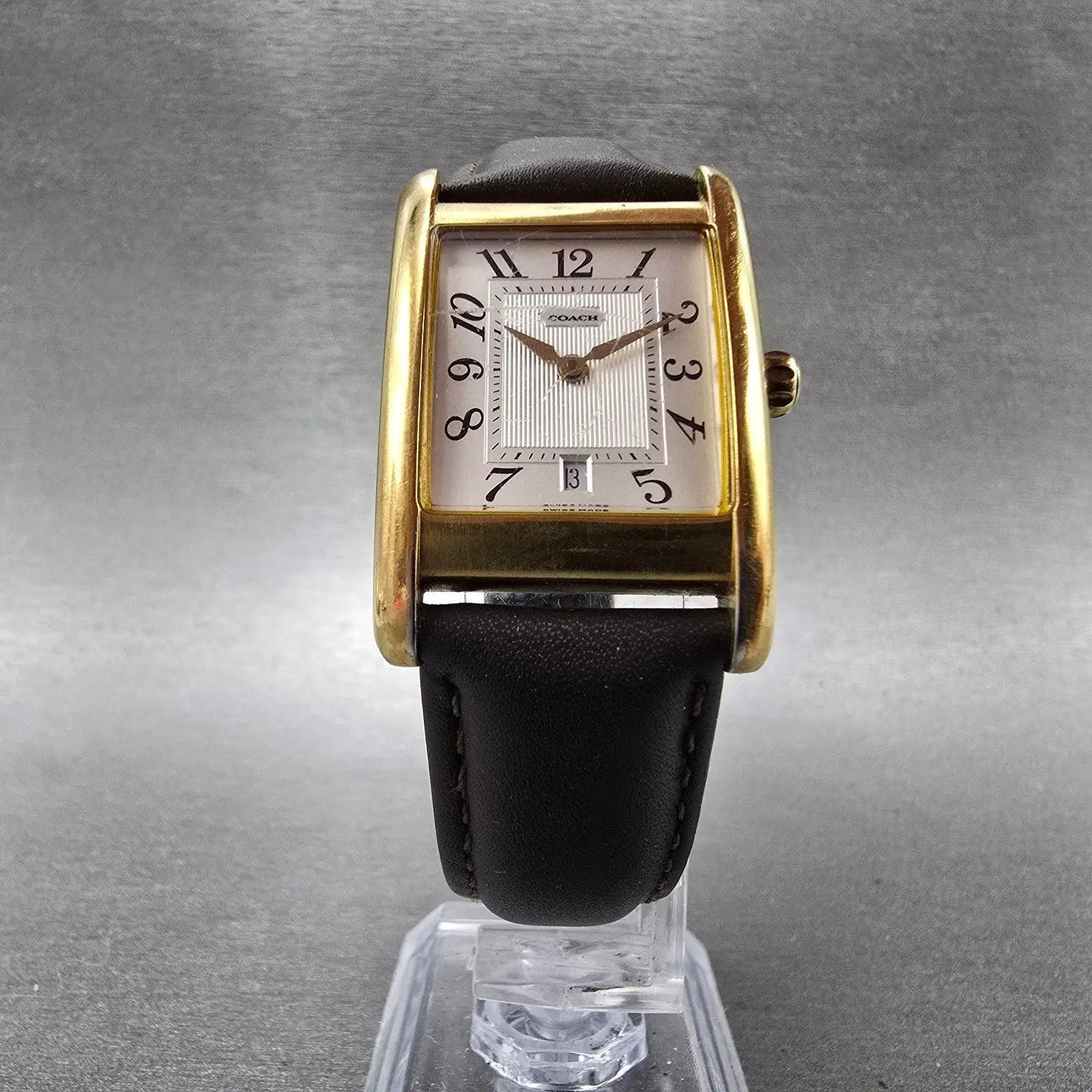 Coach Tank Watch Men 25mm Silver Dial Gold Tone Date Rectangle W503A New Battery5