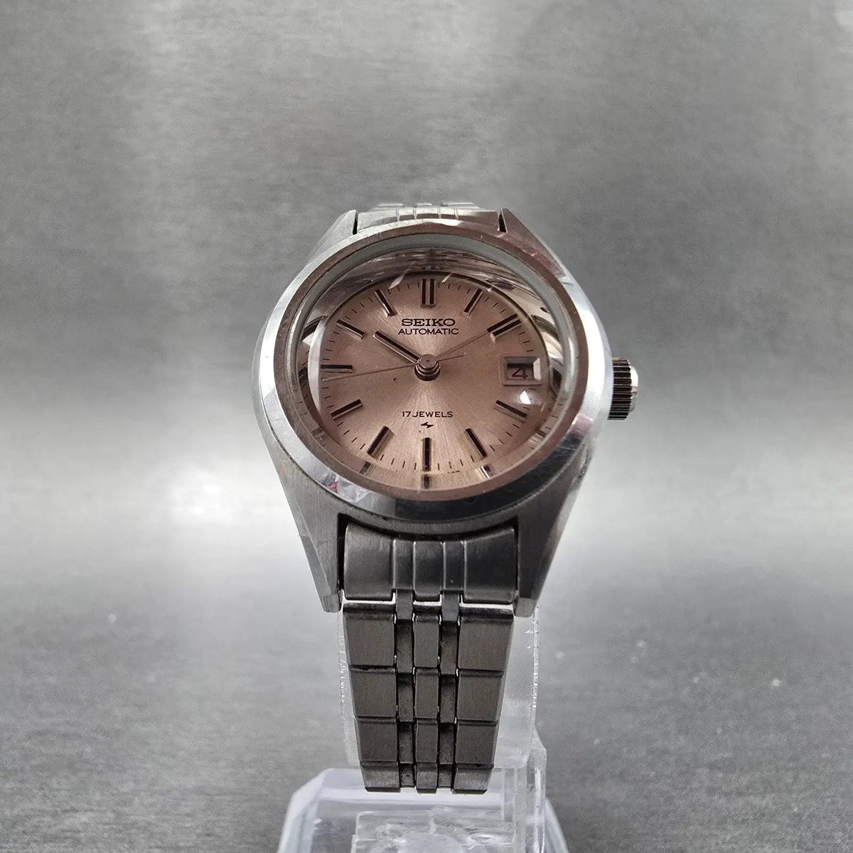 Seiko Automatic Watch Women 25mm Pink Dial Silver Date 2205-0691 Runs VTG JDM5