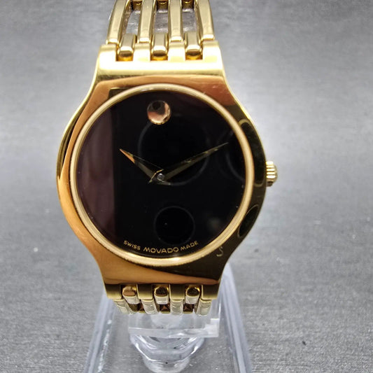 Movado Esperanza Watch Women 23mm Black Dial Gold Tone Round 88 A1 182 New BattP0