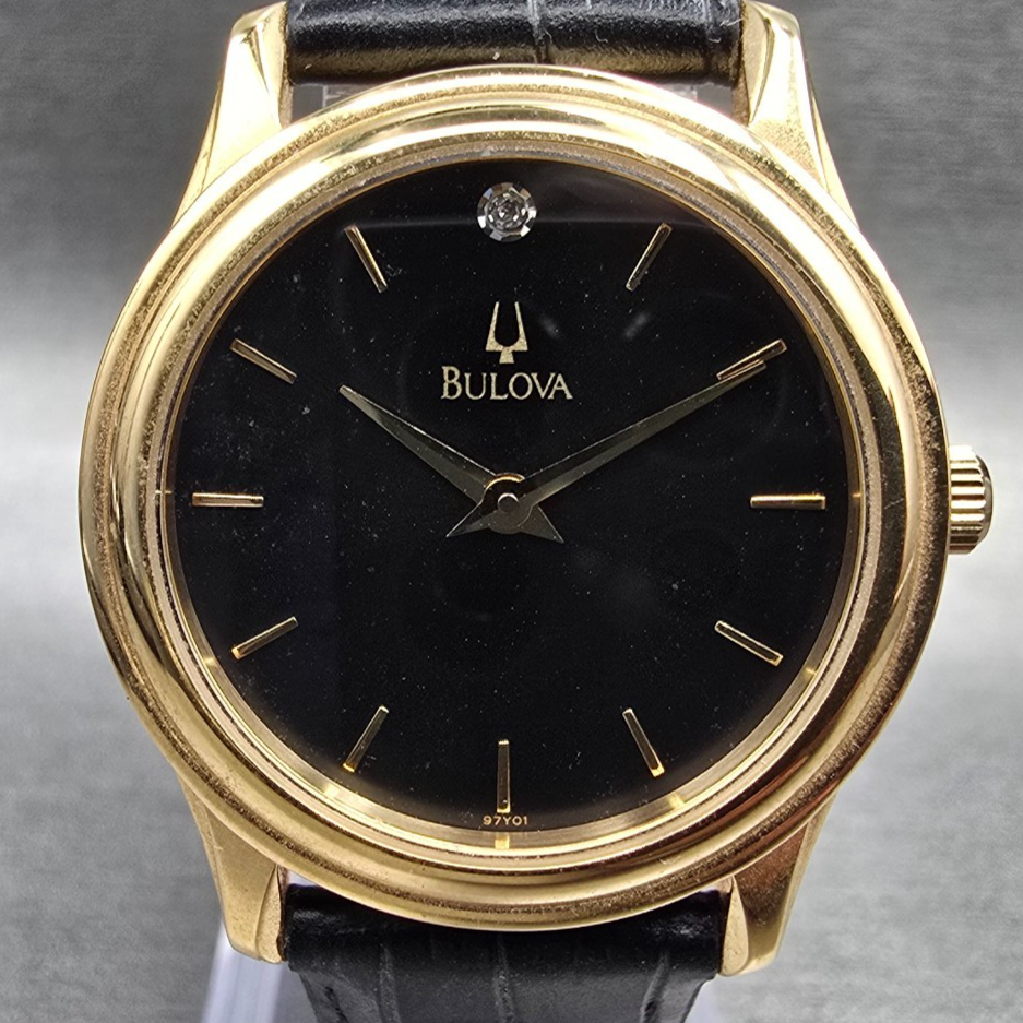 Bulova Watch Women 30mm Black Dial Gold Tone Diamond Accent Round 97Y01 New Batt1