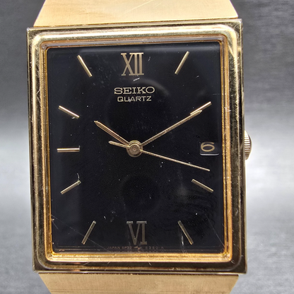 Seiko Tank Watch Men 24mm Black Dial Gold Tone Rectangle 5P32-5239 New Battery1