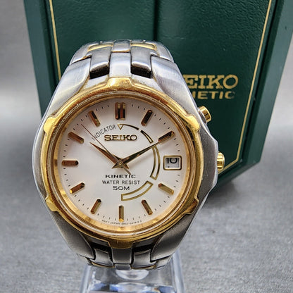 Seiko Kinetic Watch Men 37mm White Dial Two Tone Date 5m620a89 New Cap1