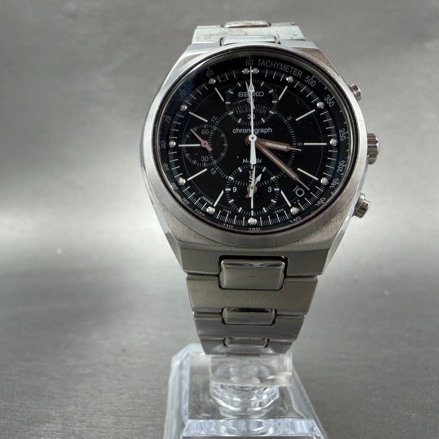 Seiko Chronograph Watch Men 36mm Black Dial Silver Tone Date 7T62-0AA0 PARTS6