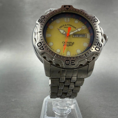 Field & Stream Ocean Angler Watch Men 43mm Yellow Dial Steel Daydate New Battery5