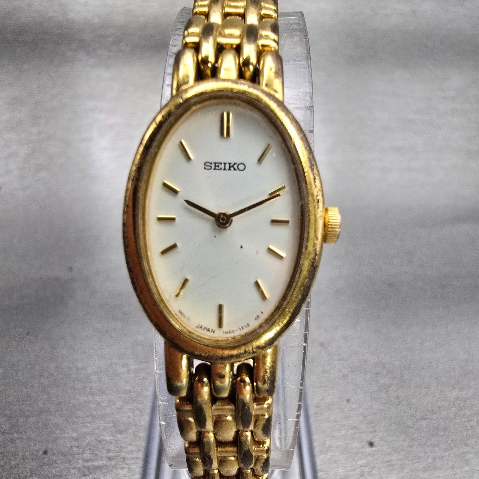 Seiko Watch Women 17mm White Dial Gold Tone Oval 1N00-6M90 New Battery Vintage0