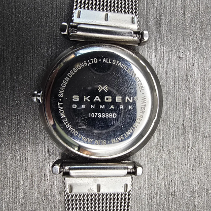 Skagen Denmark Watch Women 25mm Black Dial Silver Tone Round 107SSSBD New Batt10