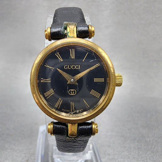 Gucci 2000L Watch Women 22mm Black Dial Gold Plated Round New Battery