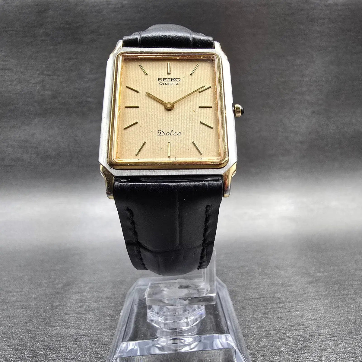 Seiko Dolce Watch Men 25mm Champagne Dial Two Tone Rectangle 9520-5130 New Batt5