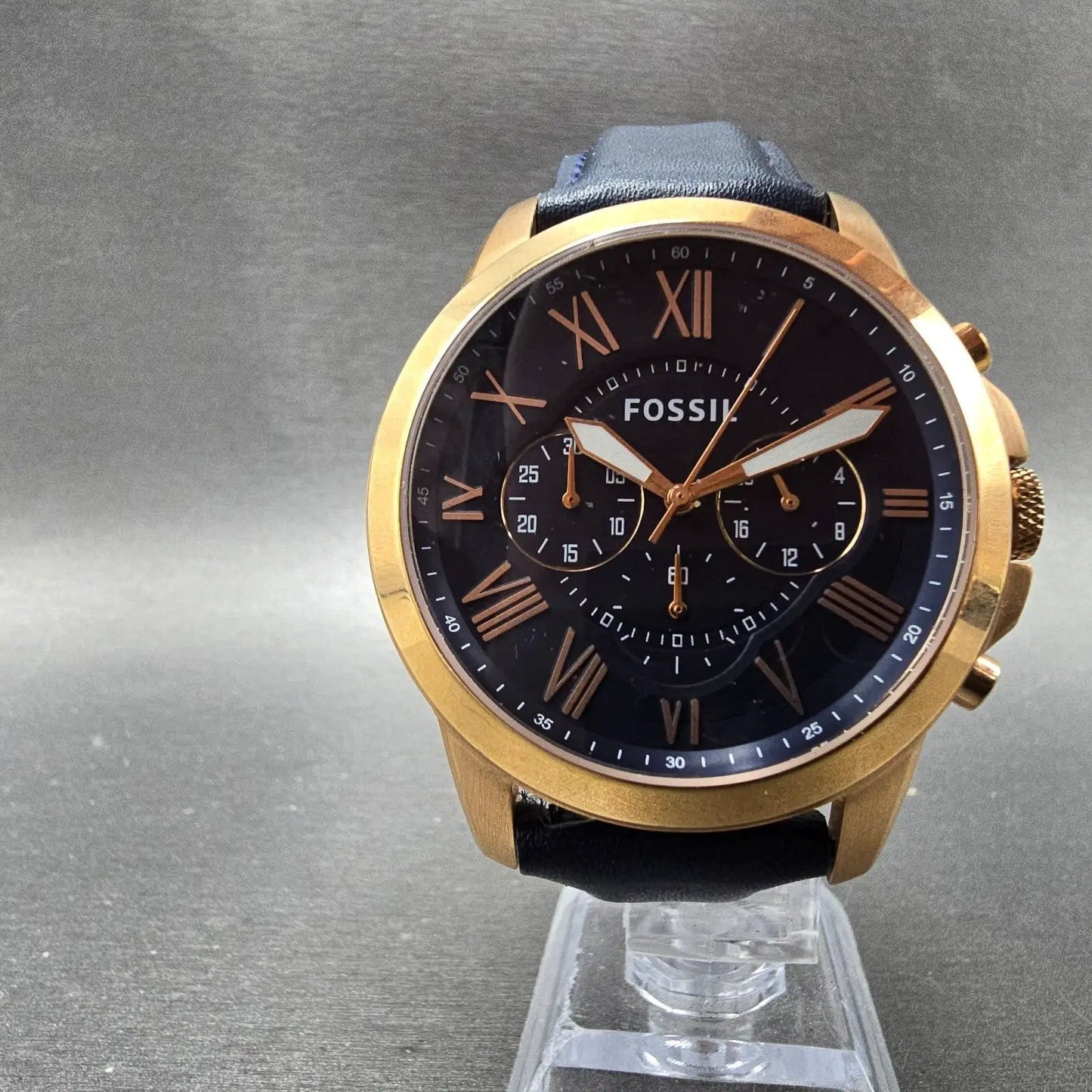 Fossil Grant Chronograph Watch Men 44mm Blue Dial Rose Gold Tone FS4835 New Batt6