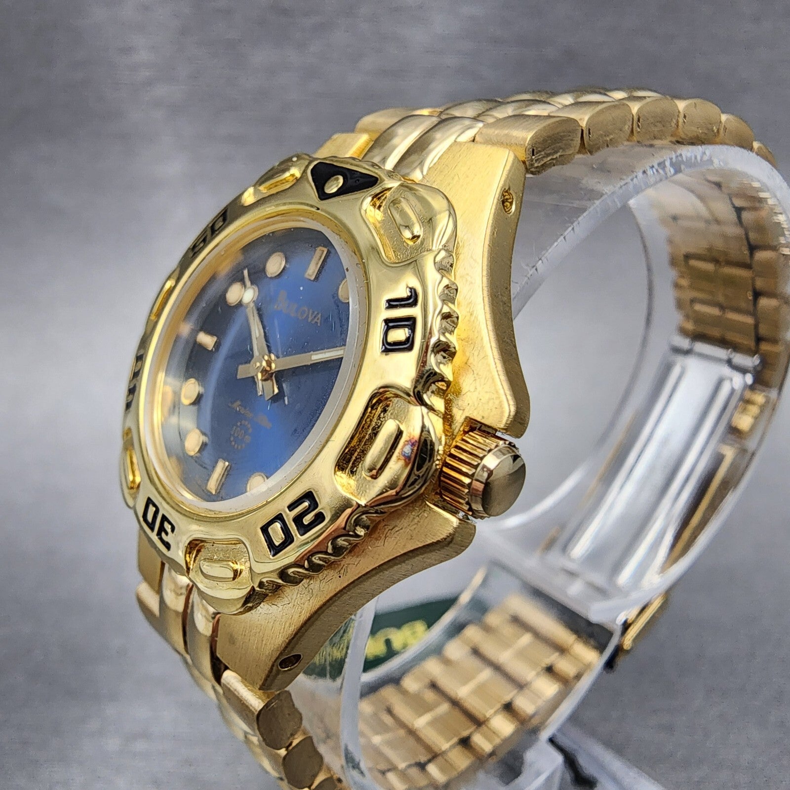 Bulova Marine Star Watch Women 28mm Blue Dial Gold Tone Date 97M31 New Batt NOS4