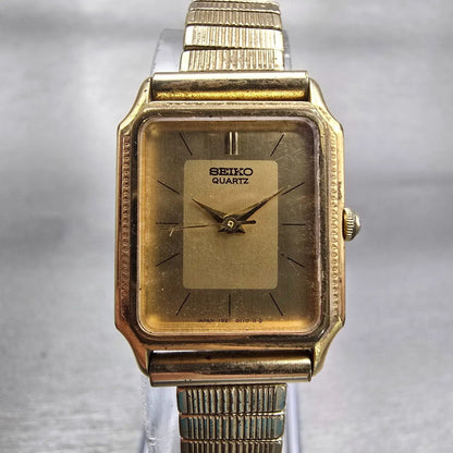 Seiko Watch Woman 20mm Gold Dial Gold Tone Rectangle 7321-5040 New Battery VTG0