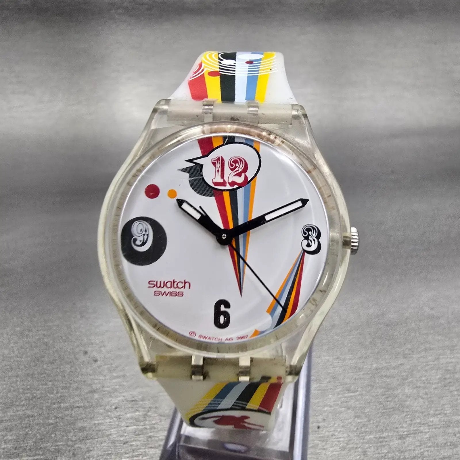 Swatch Gent Crazy Youngsters Watch Men White Dial Clear Case Round GE198 New Bat0