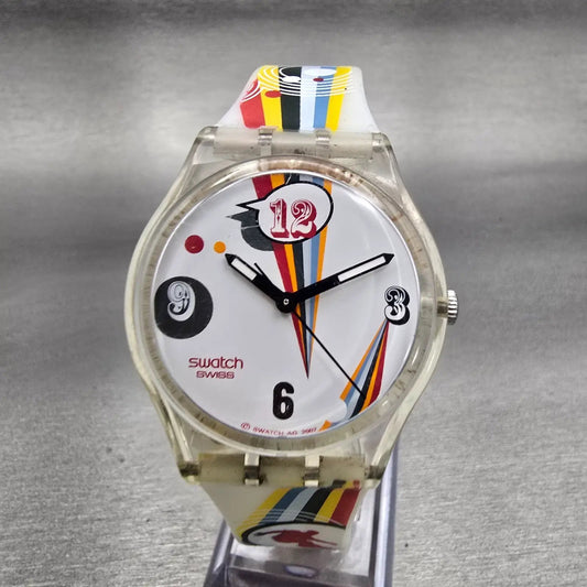 Swatch Gent Crazy Youngsters Watch Men White Dial Clear Case Round GE198 New Bat0