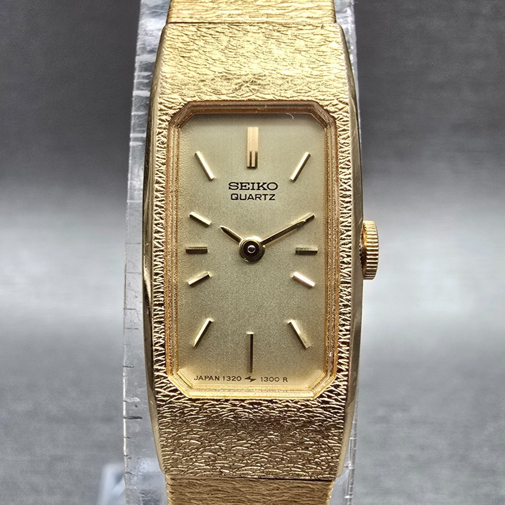 Seiko Tank Watch Women 13mm Gold Dial Gold Tone Rectangle 1320-5990 New Battery1