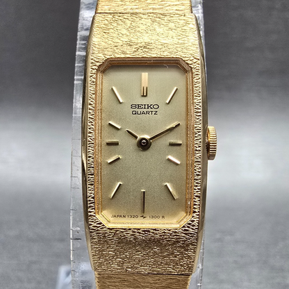 Seiko Tank Watch Women 13mm Gold Dial Gold Tone Rectangle 1320-5990 New Battery1