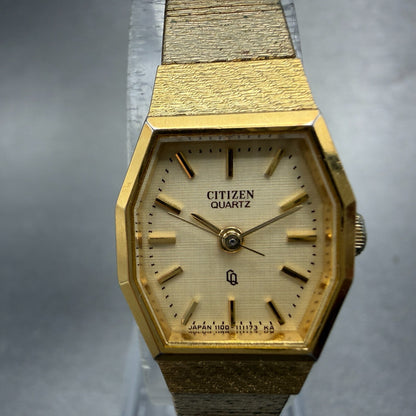 Citizen CQ Watch Women 17mm Champagne Dial Gold Tone Octagon 4-103041 NewBattery1